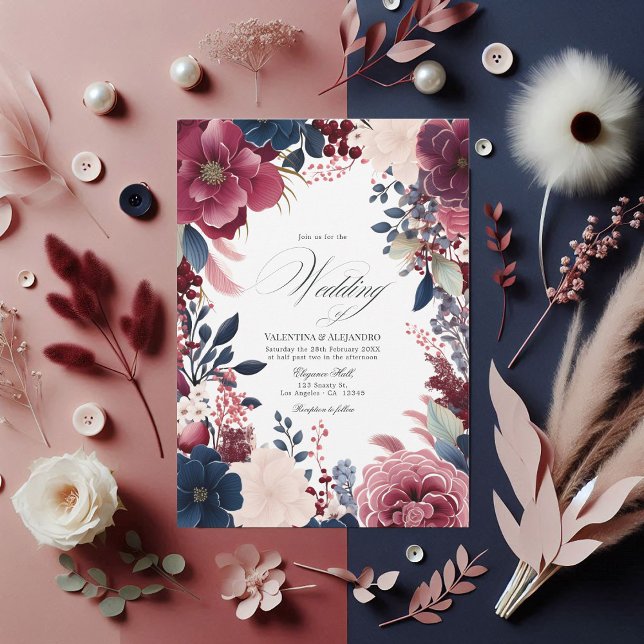 Convites Casamento de Borgonha, Marinho e Vinho Floral Blus (Burgundy, Navy, and Blush Boho Floral Wine Wedding Invitation)
