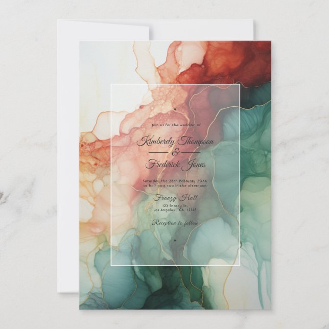 Convites Casamento de Borgonha, Verde Florestal e Tinta Car (Frente)