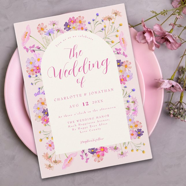Convites Casamento de Bóvora Selvagem Rosa Elegante (Elegant wildflower pink wedding invitation With watercolor pastel florals)