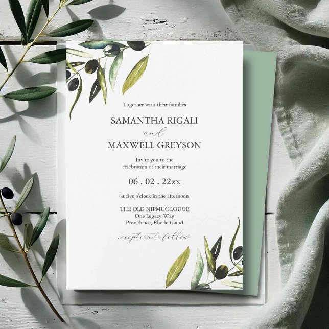 Convites Casamento De Branqueamento De Azeitonas De Cores A (olive wedding invitations features watercolor art by Victoria Grigaliunas of do Tell A Belle)