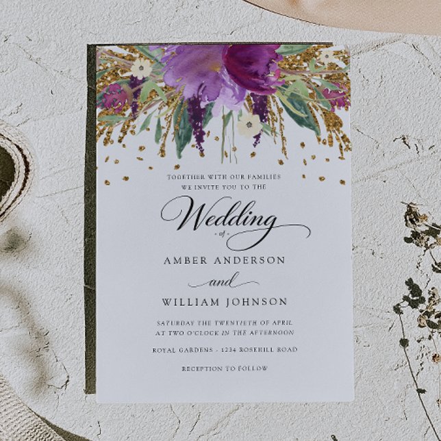 Convites Casamento de Brilho Floral Amethystia Espelhante  (Criador carregado)
