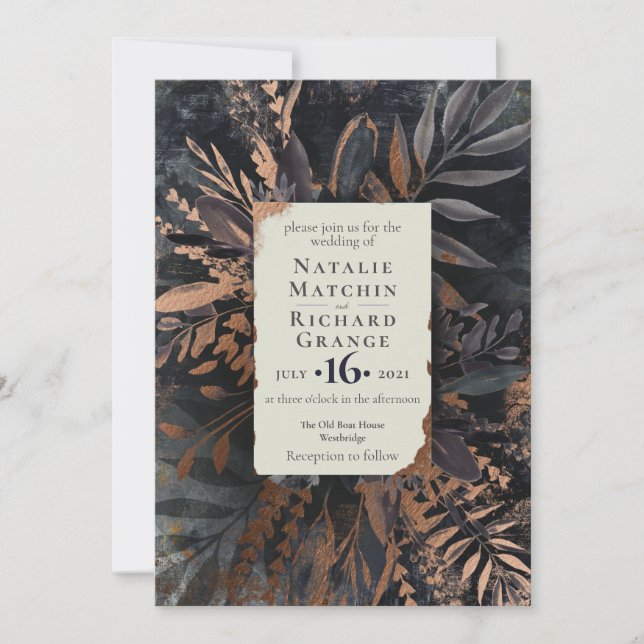 Convites Casamento de Bronze e Slate Moody Buquê, (Frente)