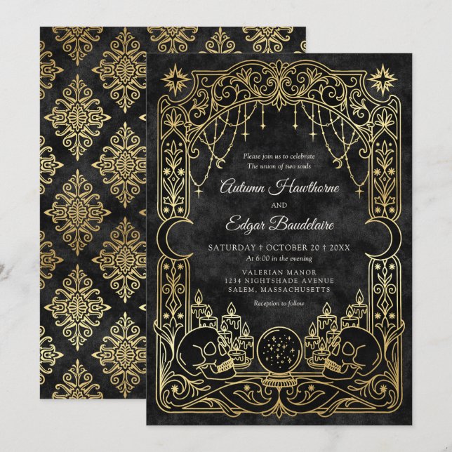 Convites Casamento de Bruxa Gótica de Halloween com Tarot (Frente/Verso)