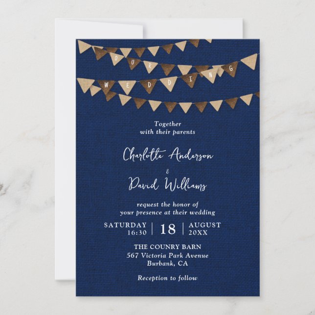 Convites Casamento de Bunting Blue Burlap Marinho Rustic (Frente)