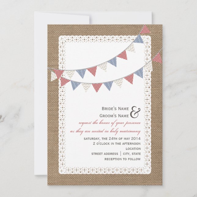 Convites Casamento de Bunting Inscrito em Burlap (Frente)