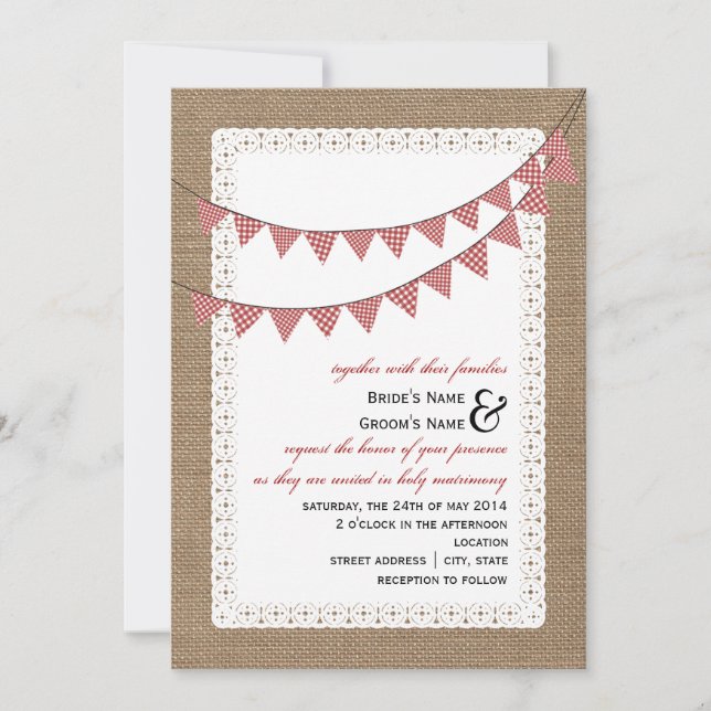 Convites Casamento de Bunting Red Gingham Inspirado em Burl (Frente)