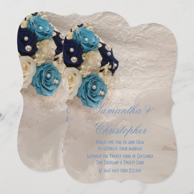 Convites Casamento de buquê de noivas florais azuis (Frente/Verso)