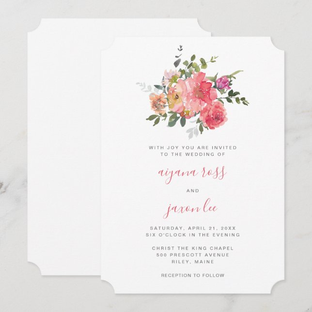 Convites Casamento de Buquê de Peony de Cor de Água Rosa Ch (Frente/Verso)