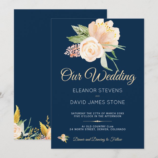 Convites Casamento de buquê de pêssego azul-marinho russo (Frente/Verso)