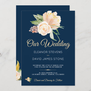 Convites Casamento de buquê de pêssego azul-marinho russo