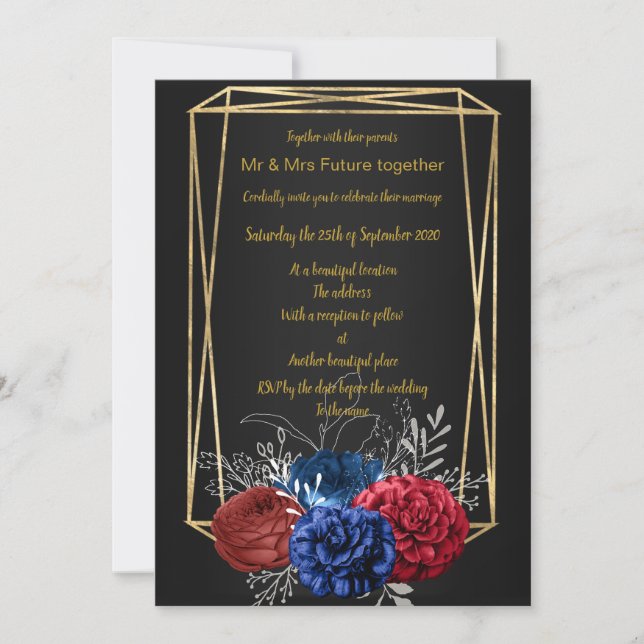 CONVITES CASAMENTO DE BUQUÊ ELEGANTE DOURADO NEGRO (Frente)