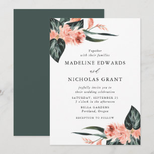 Convites Casamento de Buquê Floral de Coral Tropical em Aqu