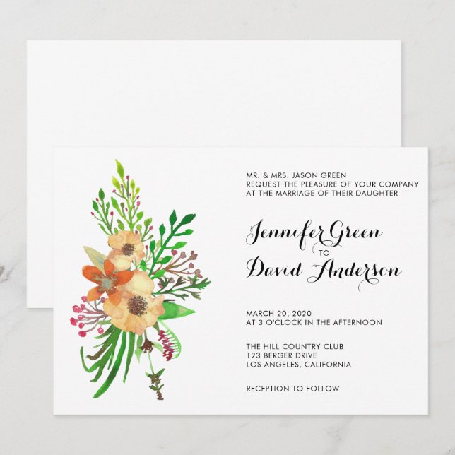 Convites Casamento de Buquê Floral de Watercolor (Frente/Verso)