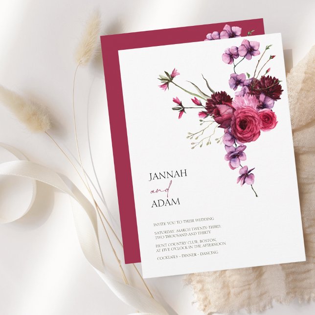 Convites Casamento de Buquê Floral Elegante Burgundy (Elegant Burgundy Floral Bouquet Wedding Invitation)