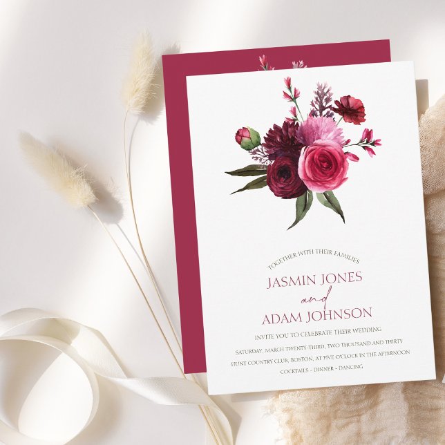 Convites Casamento de Buquê Floral Elegante Burgundy (Elegant Burgundy Floral Bouquet Wedding Invitation)