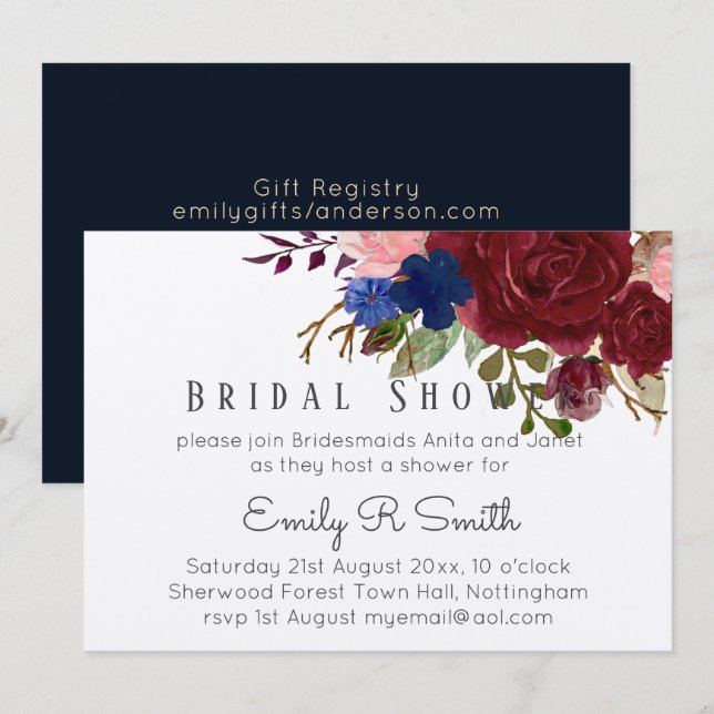 Convites Casamento de Buquê Floral marinho Blue Burgundy (Frente/Verso)