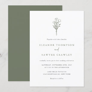 Convites Casamento de Buquê Floral Minimalista Taupe Verde
