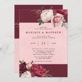 Convites Casamento de Buquês de Península Borgona e Rosa-Es