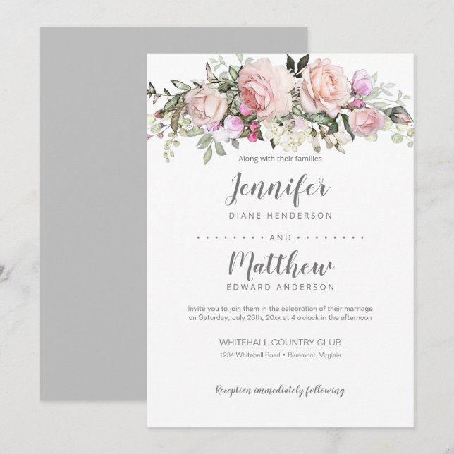 Convites Casamento de Buquês de Rosas de Suor Cor-de-Rosa-B (Frente/Verso)