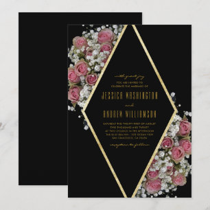 Convites Casamento de Buquês e Diamantes Dourados Elegantes