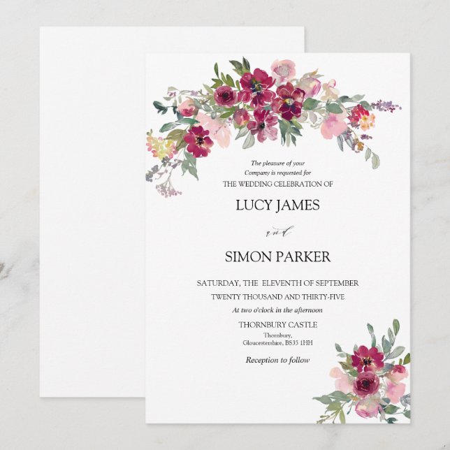 Convites Casamento de buquês florais Burgundy Blush (Frente/Verso)