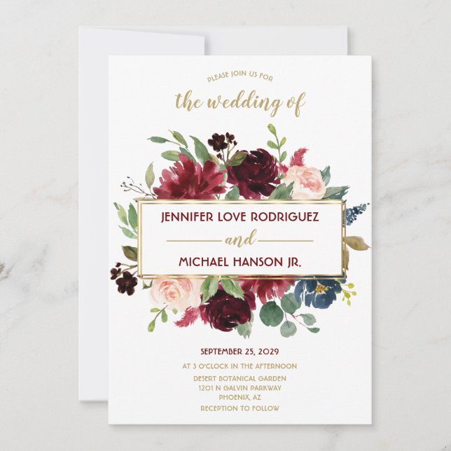 Convites Casamento de Buquês Florais Dourados Azul de Marsa (Frente)