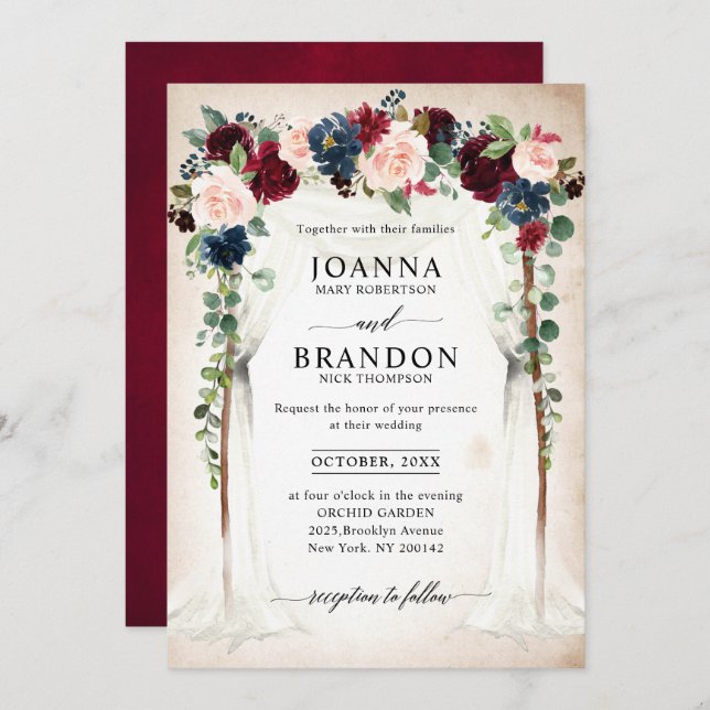 Convites Casamento de Burgundy Blush Marinho Floral Arch Ca (Frente/Verso)