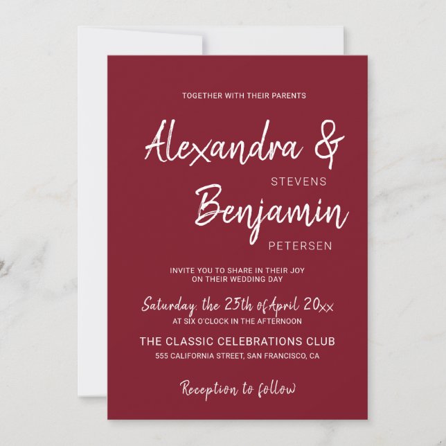 Convites Casamento de burgundy com script simples e moderno (Frente)