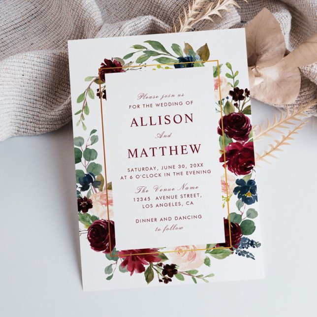 Convites Casamento de burgundy, cor d'água, com estrutura f (Criador carregado)