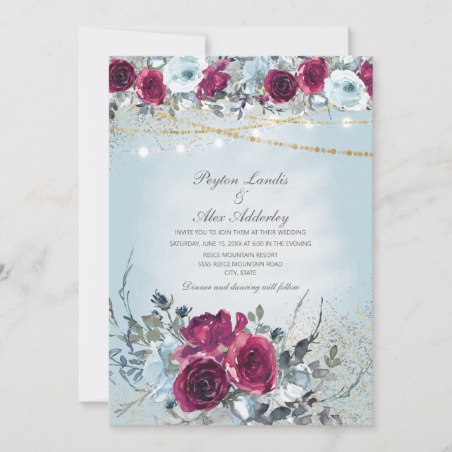 Convites Casamento De Burgundy Dusty Blue Floral (Frente)
