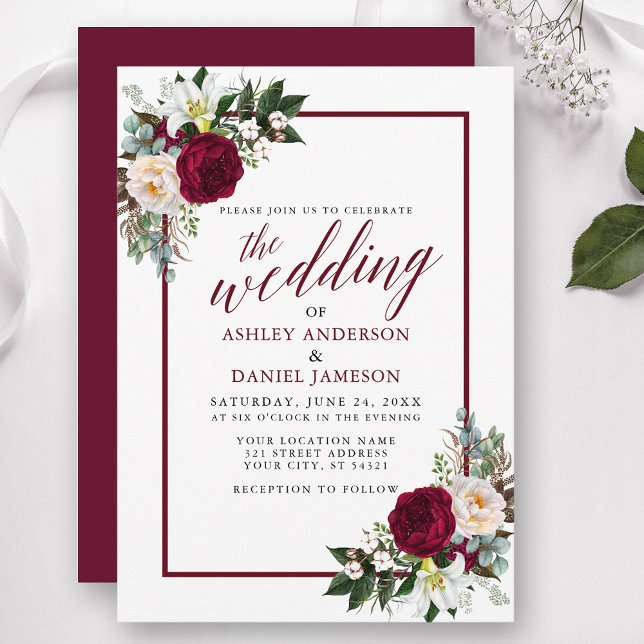 Convites Casamento de Burgundy Floral Frame Verde Calliogra (Customize to change text color, style, add text & photos to back or change color of back of card.)