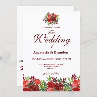 Convites Casamento de Burgundy Floral Watercolor