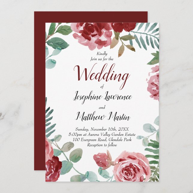 Convites Casamento de Burgundy Floral Watercolor (Frente/Verso)