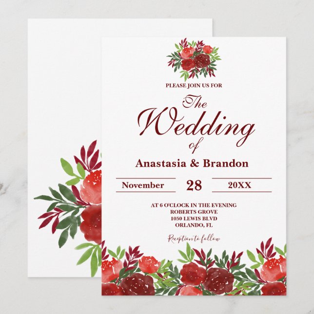 Convites Casamento de Burgundy Floral Watercolor (Frente/Verso)