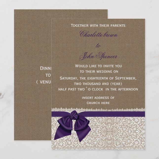 Convites Casamento de Burlap e Lace Purple (Frente/Verso)