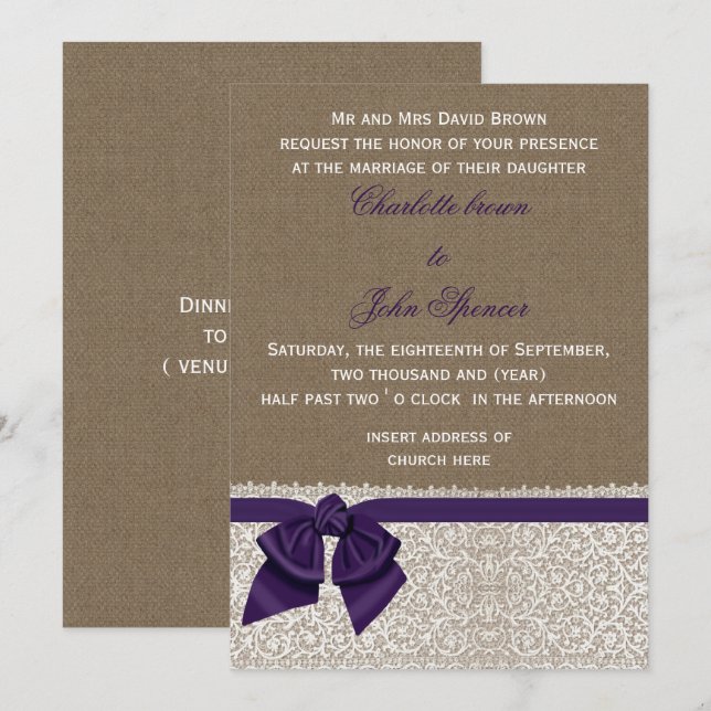 Convites Casamento de Burlap e Lace Purple (Frente/Verso)