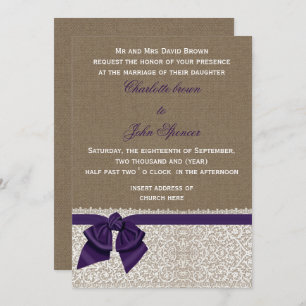 Convites Casamento de Burlap e Lace Purple