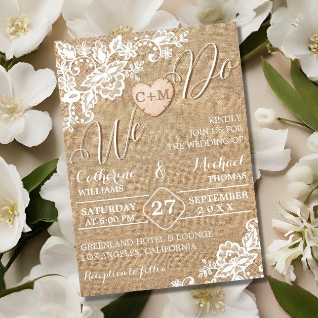 Convites Casamento De Burlap E Lace Rustic Country (Criador carregado)