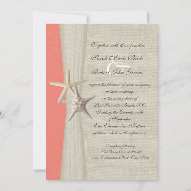 Convites Casamento de Burlap e Starfish Shell Coral Beach (Verso)