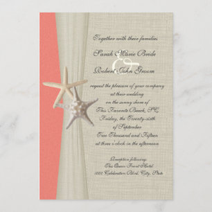Convites Casamento de Burlap e Starfish Shell Coral Beach