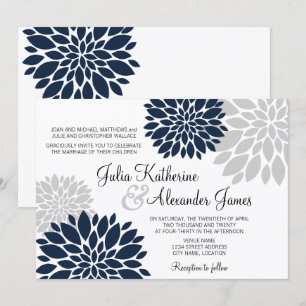Convites Casamento de Burst Floral Azul e Cinza de Prata