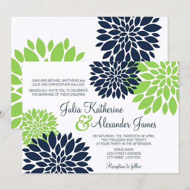 Convites Casamento de Burst Floral Azul Elegante e Azul Mar (Frente/Verso)