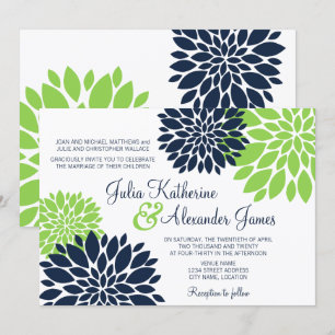 Convites Casamento de Burst Floral Verde e Marinho