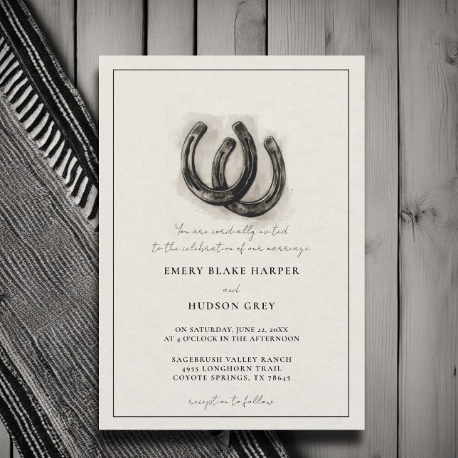 Convites Casamento de BW Elegante Ocidental em Ferraduras d (country wedding invitation western cowboy horseshoes artistic frame black white elegant formal)