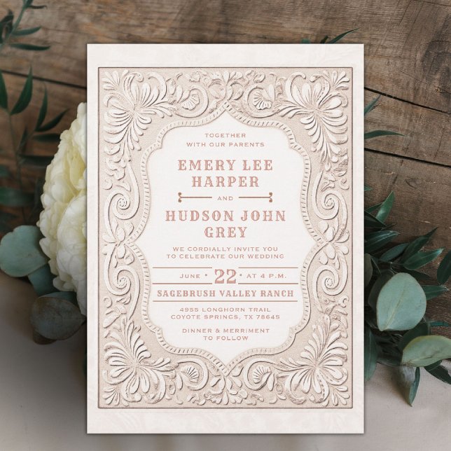 Convites Casamento de Cabeleireiros Rosa Ocidental com Cour (country western wedding invitation tooled leather white beige dusty rose rustic elegant barn)