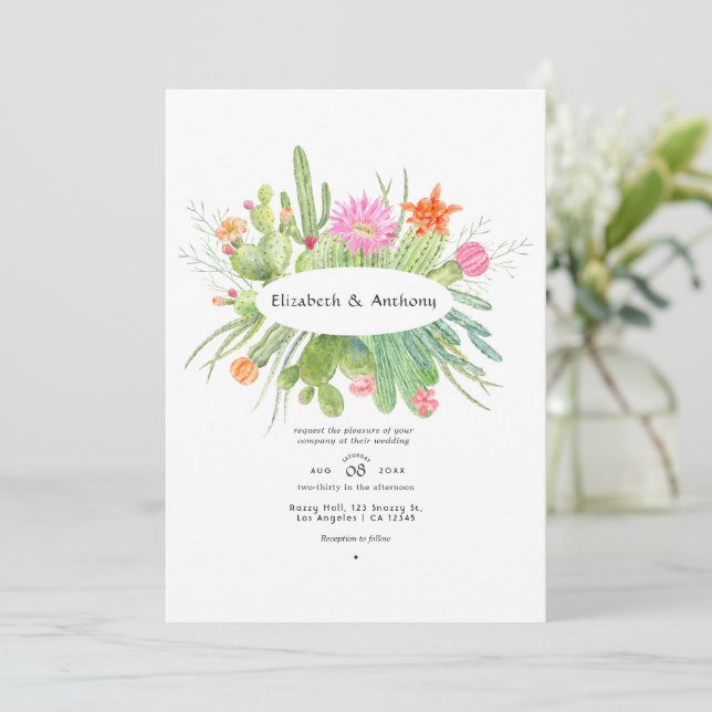Convites Casamento de Cacto com Aquarela (Em pé/Frente)
