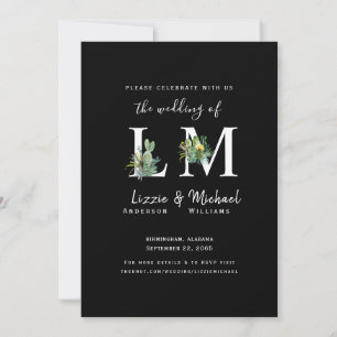 Convites Casamento de Cacto Simples Minimalista Preto Monog
