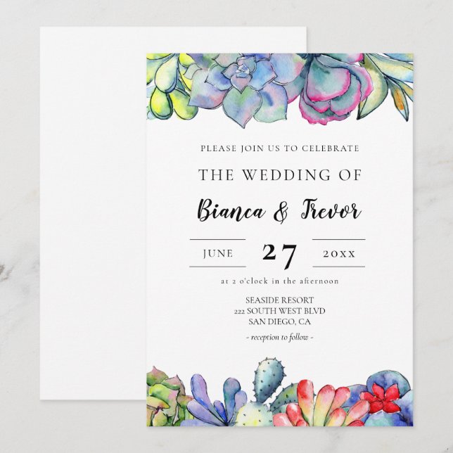 Convites Casamento de cacto suculento aquarela (Frente/Verso)