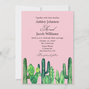 Convites Casamento de Cactus. Suculento verde. Rosa moderno