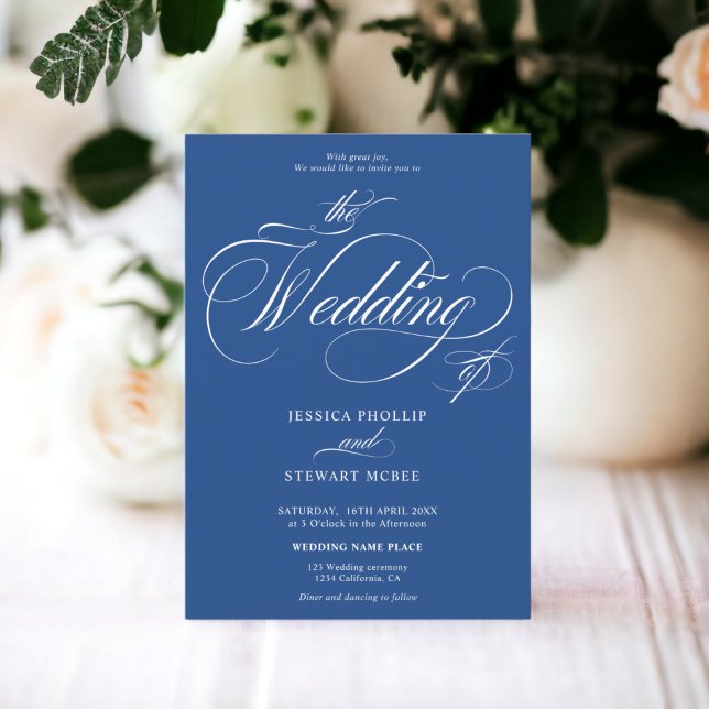 Convites Casamento de caligrafia azul-branca-chic (Chic white blue photo calligraphy wedding invitation)